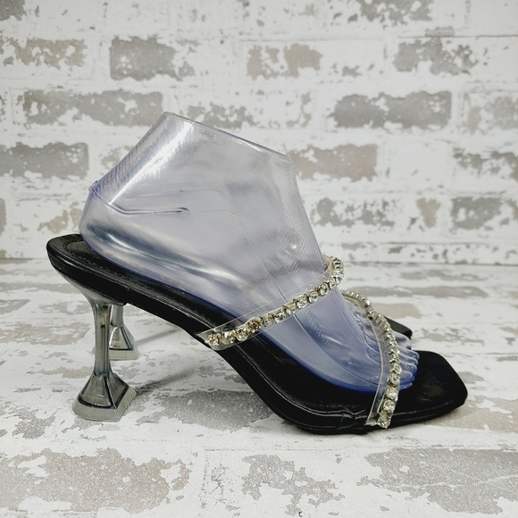CHASE & CHLOE Double Rhinestone Pyramid Heel Sandal In Black Silver E92 - Picture 5 of 10